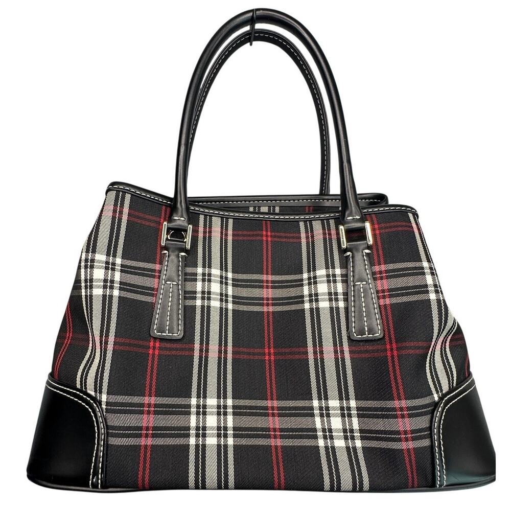 Tartan Plaid Top Handle Satchel Tote Trim Black Red